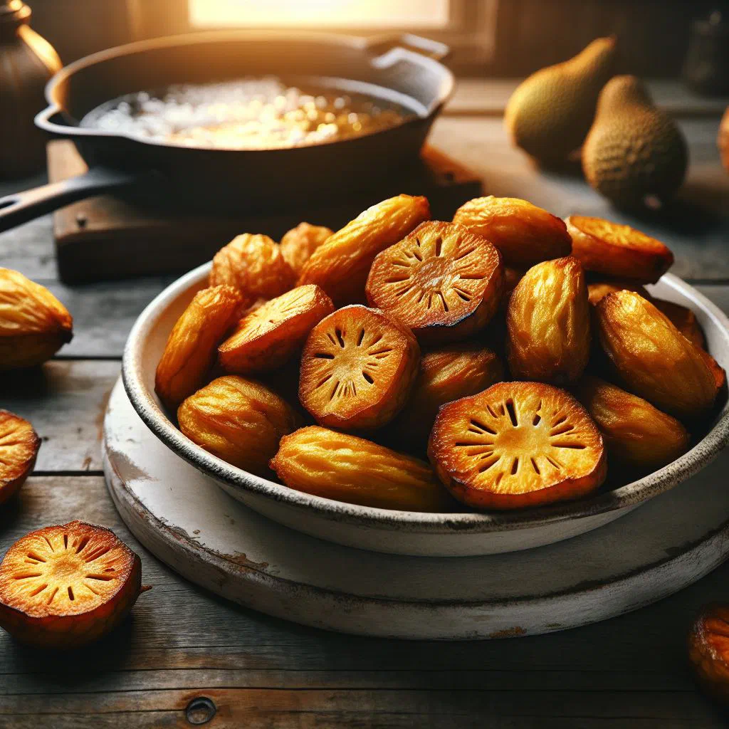 Golden fried breadfruit slices on a plate, sprinkled with salt