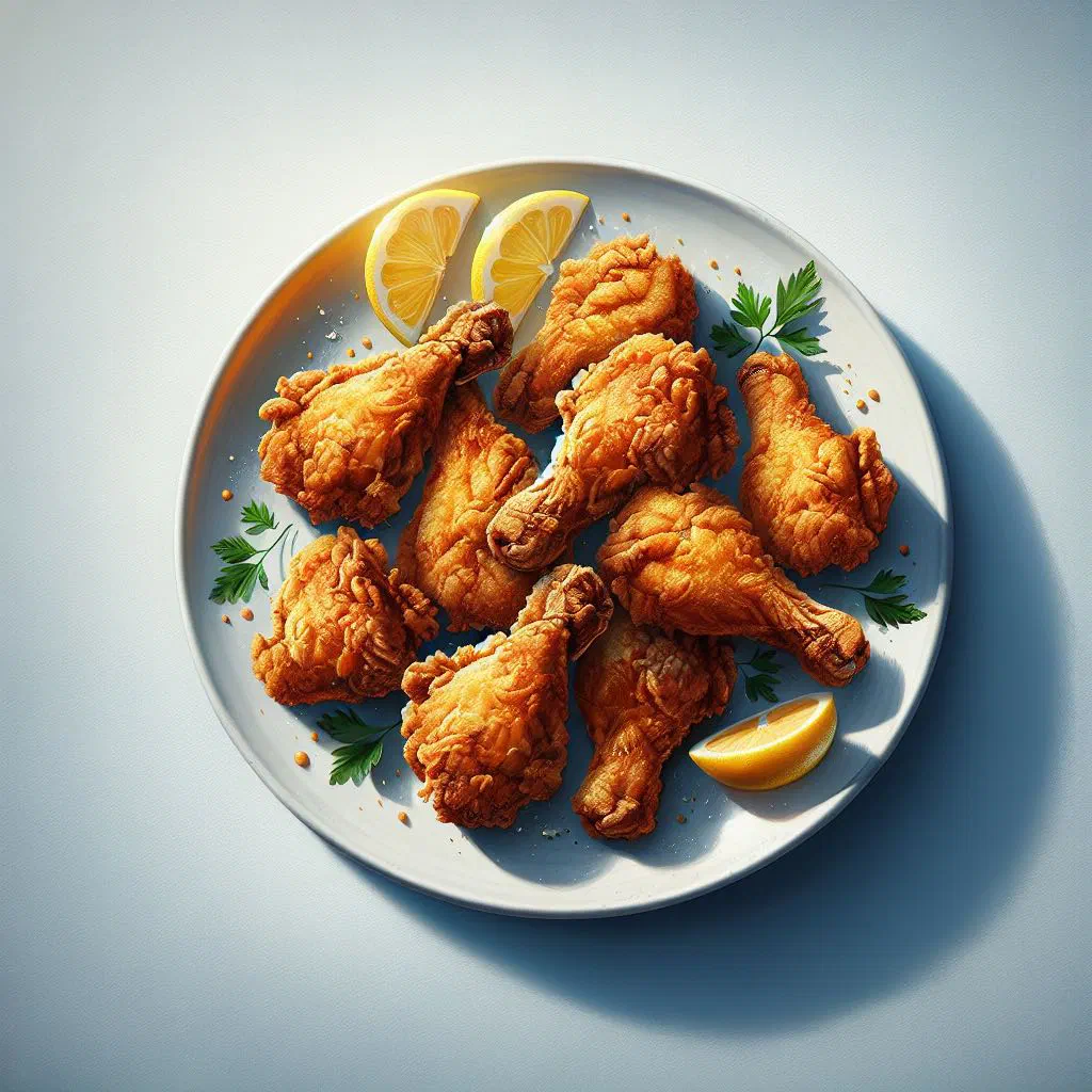 Golden crispy fried chicken pieces on a platter with fresh herbs and lime