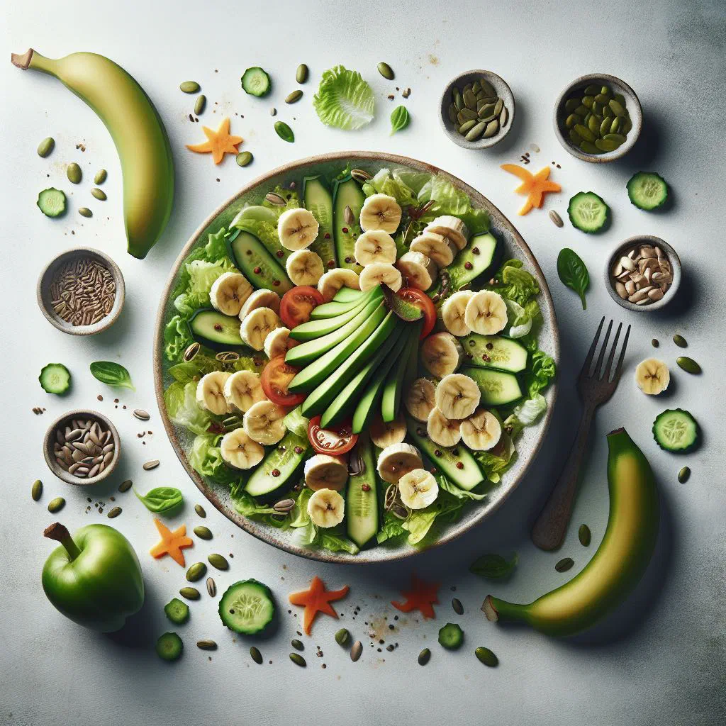 Green banana salad with peppers, carrot and fresh herbs in a bowl