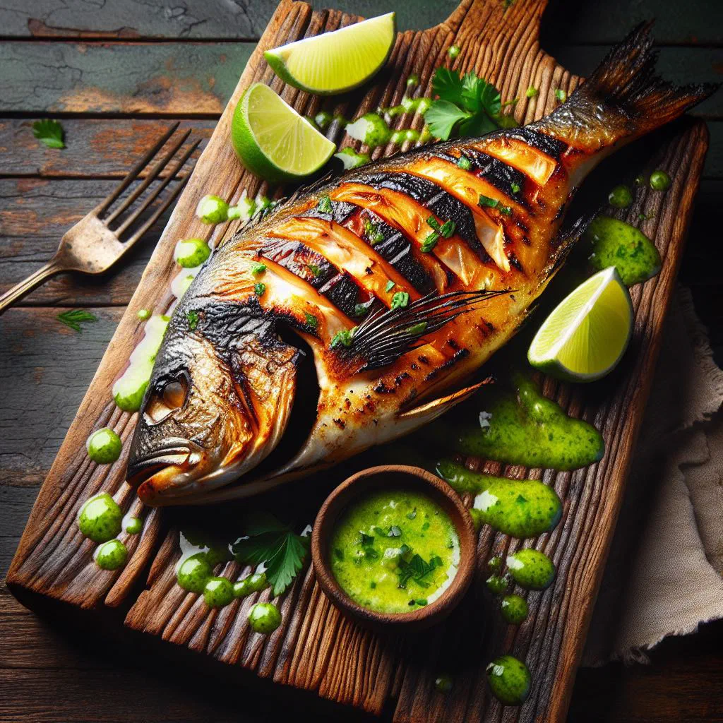 Grilled whole fish with lime sauce, fresh herbs and lime wedges