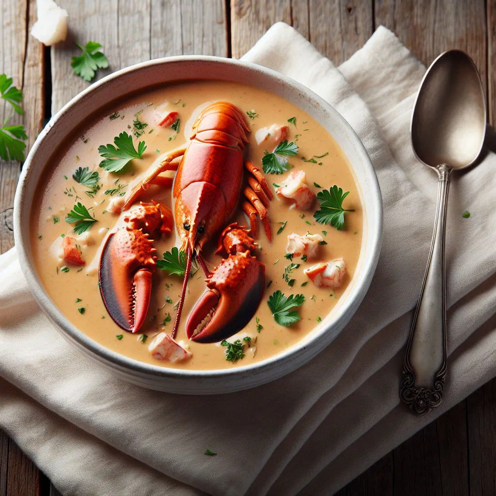 Creamy lobster bisque in a bowl garnished with fresh herbs