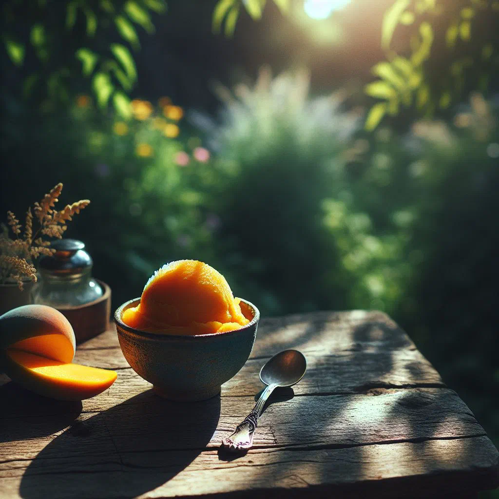 Scoops of bright orange mango sorbet in a glass with fresh mint