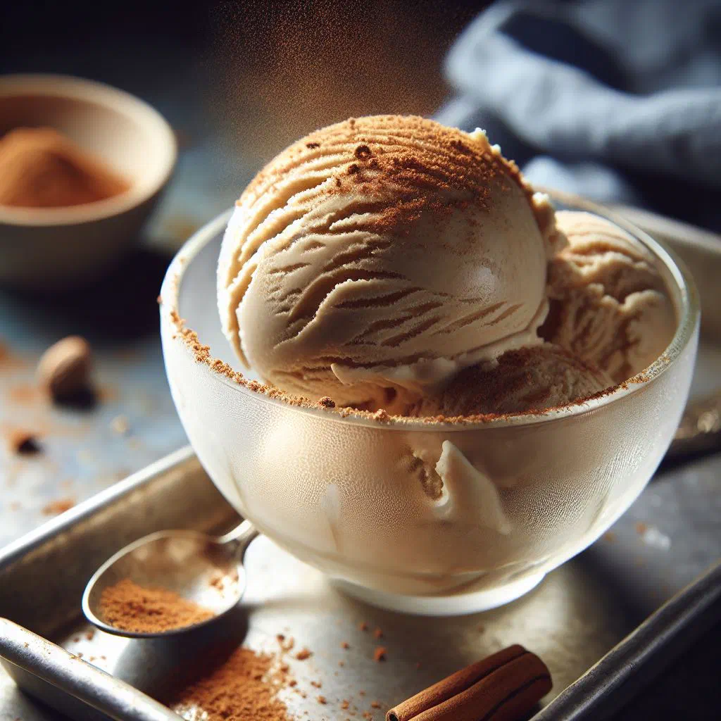 Scoops of creamy nutmeg ice cream dusted with freshly grated nutmeg