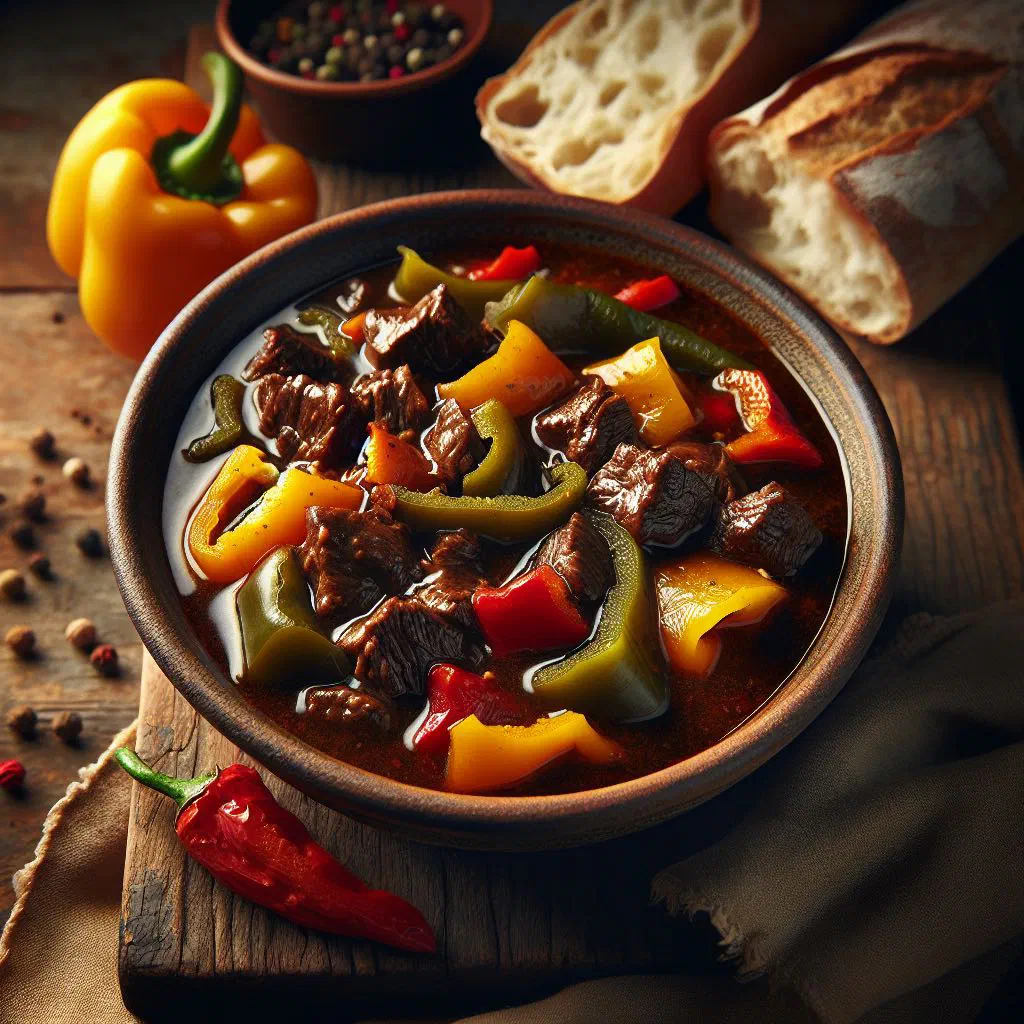 Rich Caribbean pepper pot stew with tender beef and carrots in a deep bowl