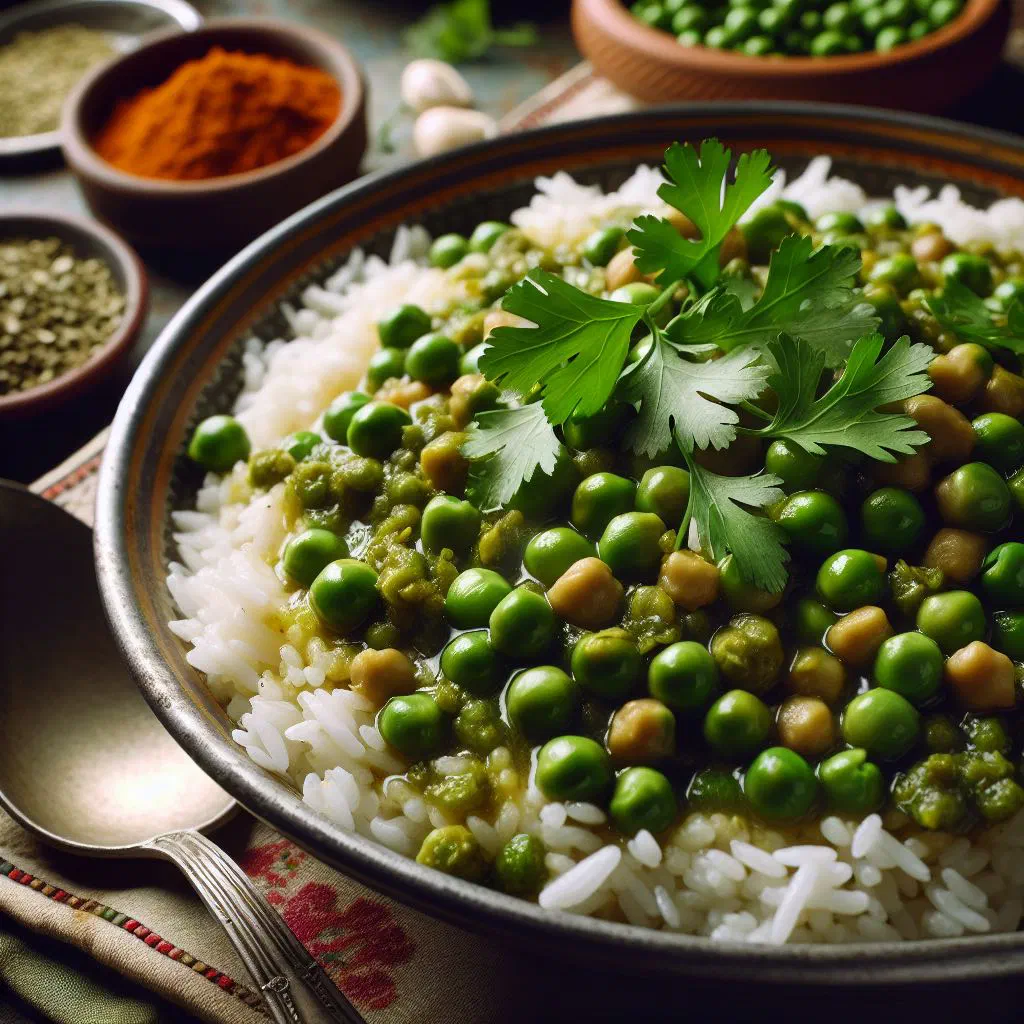 Bowl of pigeon peas and rice garnished with fresh coriander and lime