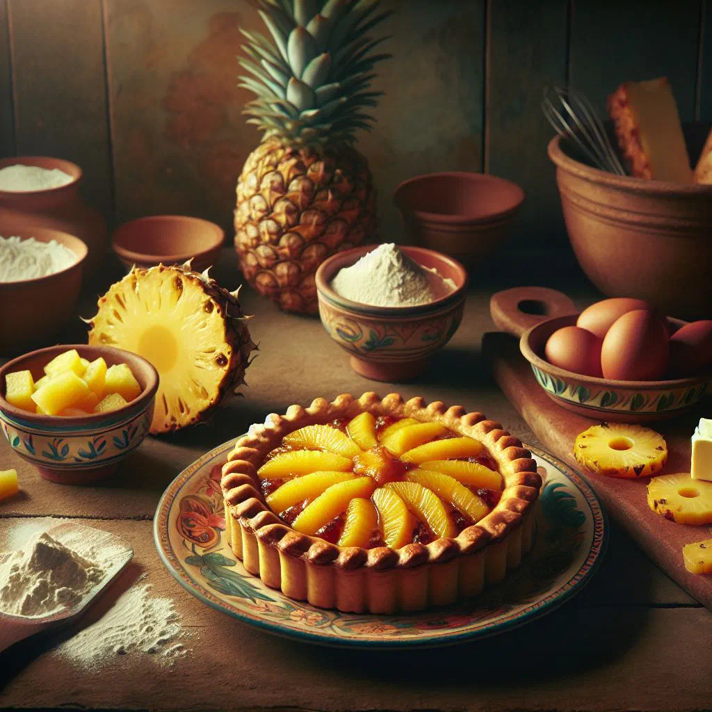 Golden pineapple tart with caramelised pineapple topping on a wooden board