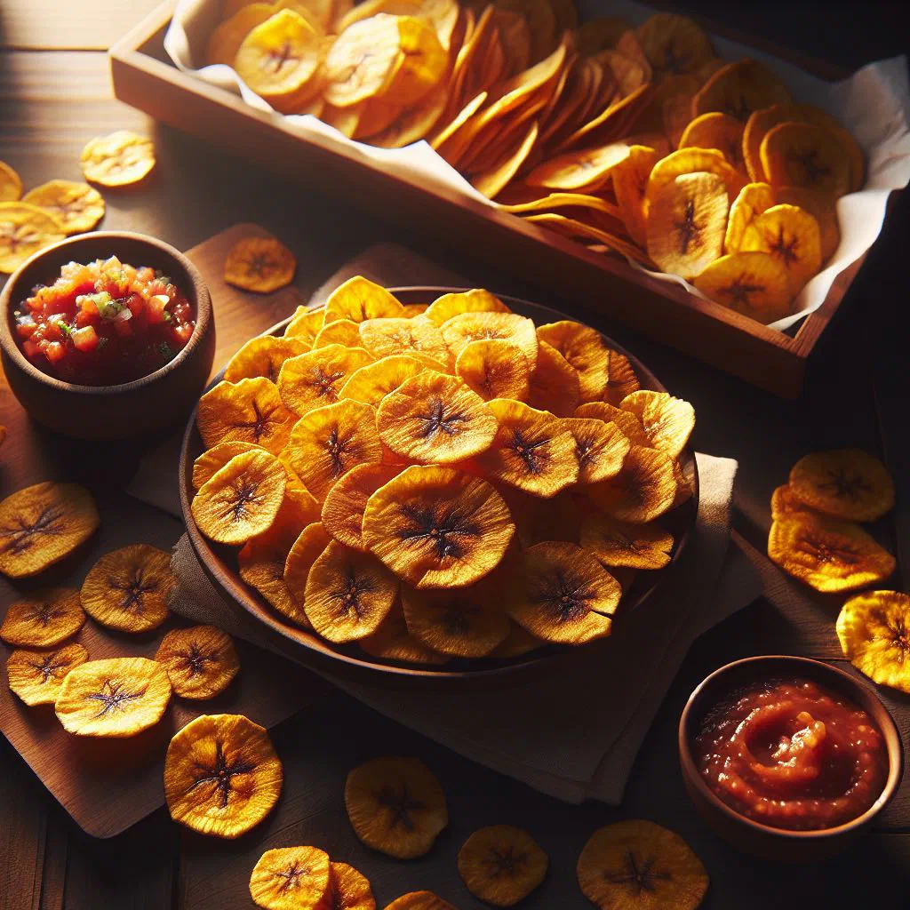 Crisp golden plantain chips piled in a bowl with a sprinkling of salt
