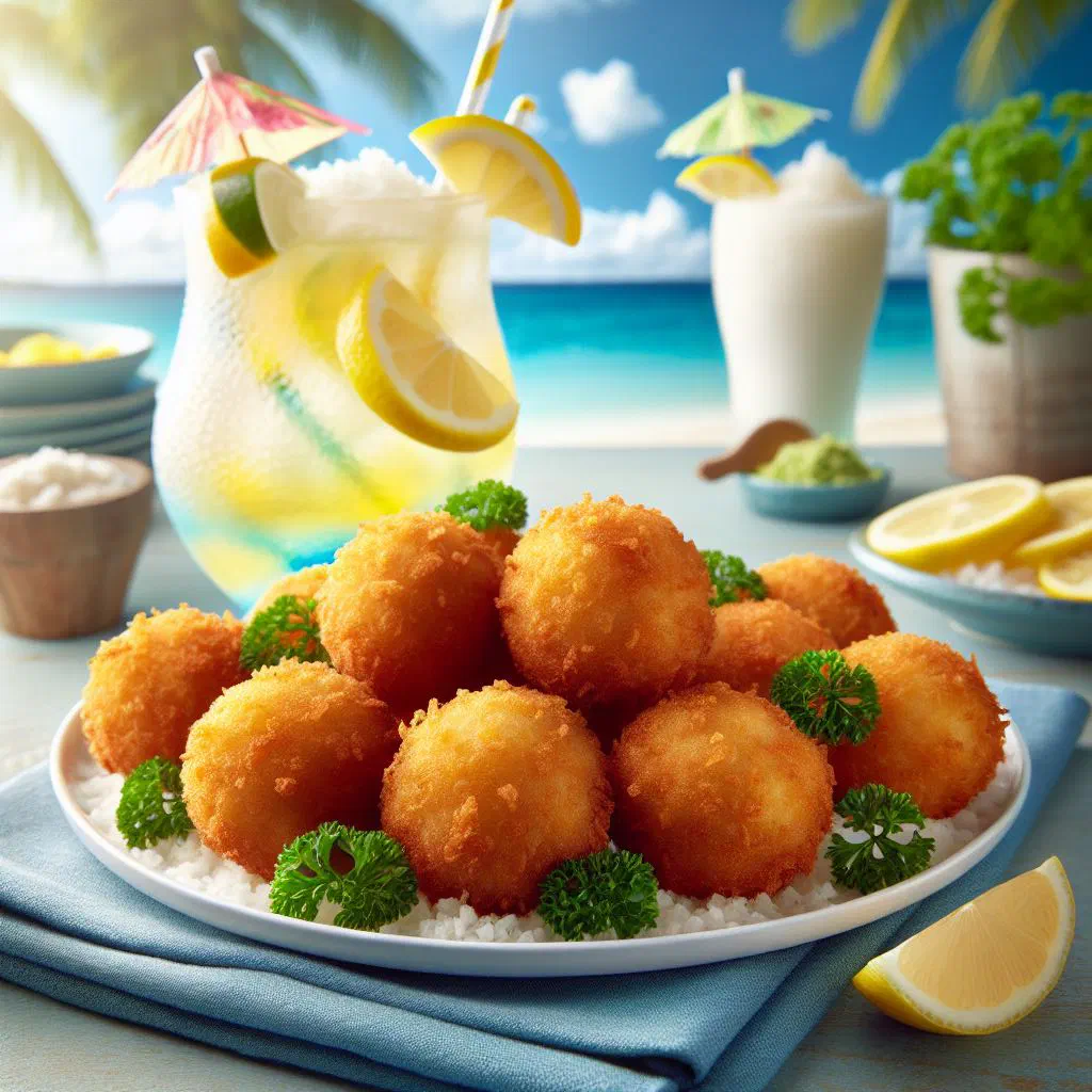 Golden fried saltfish accra fritters on a plate with fresh herbs