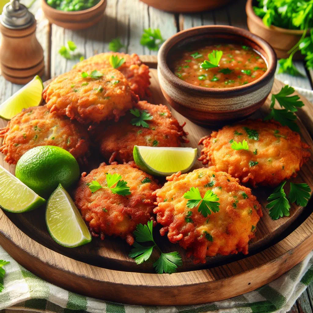 Golden saltfish accras piled on a plate with lime and fresh herbs