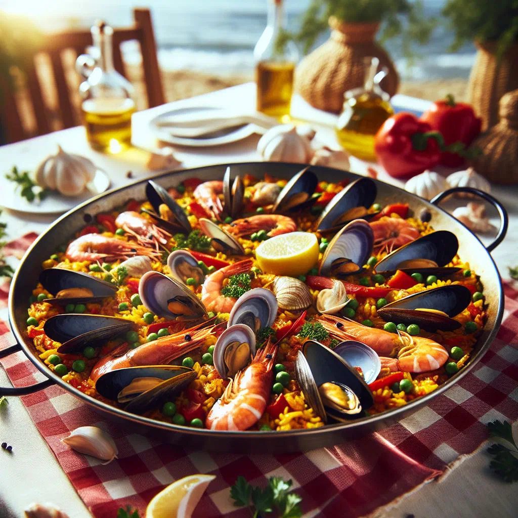 Seafood paella with mussels, prawns and saffron rice in a wide pan