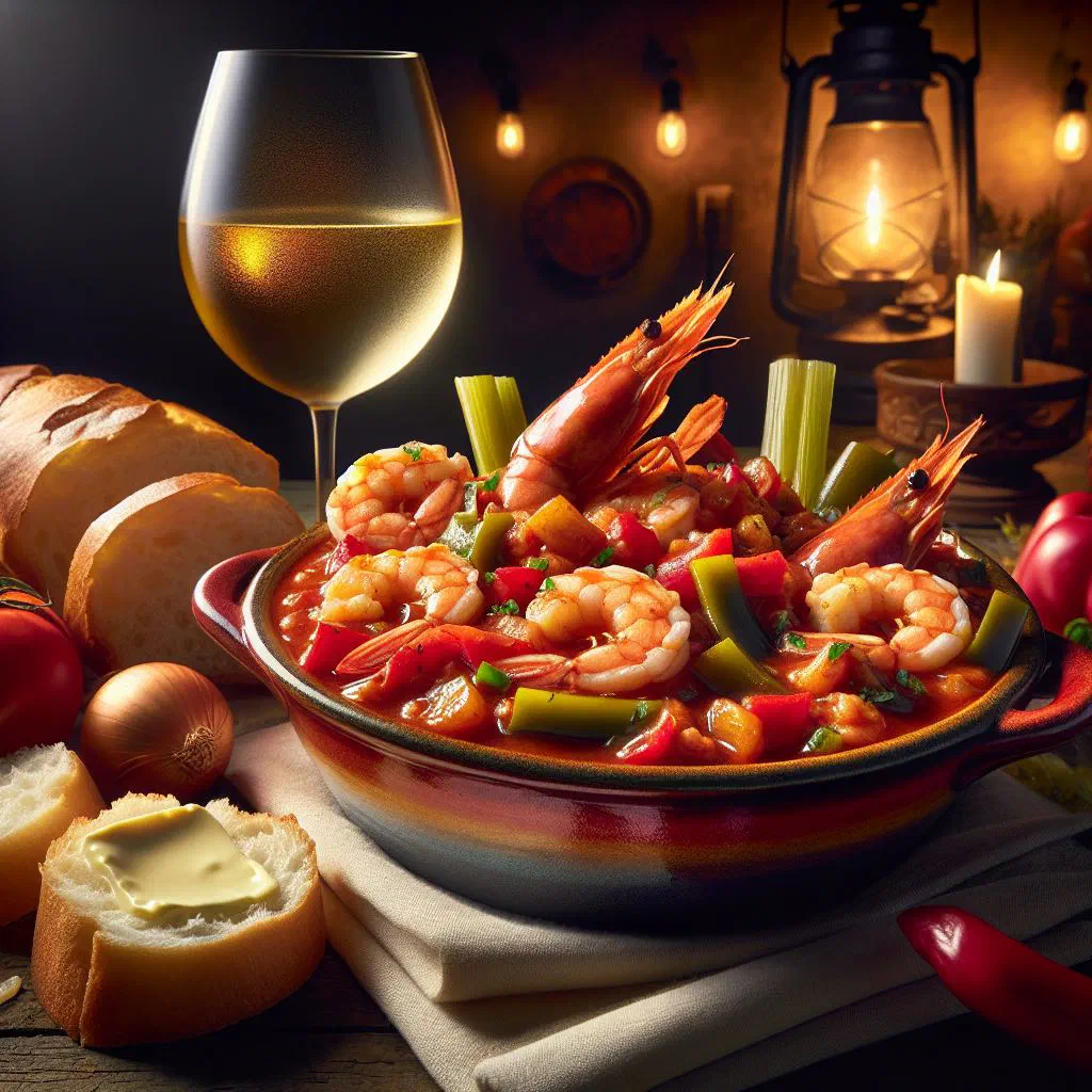 Shrimp creole with prawns in a tomato and pepper sauce, served with rice