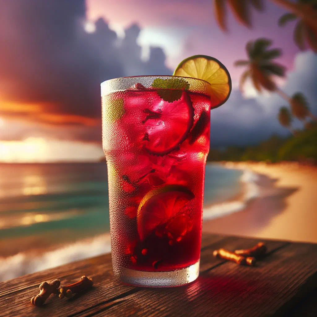 Deep red sorrel drink served over ice with a lime slice