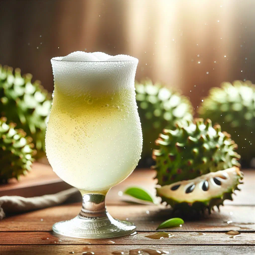 Chilled soursop juice in a tall glass with lime and mint