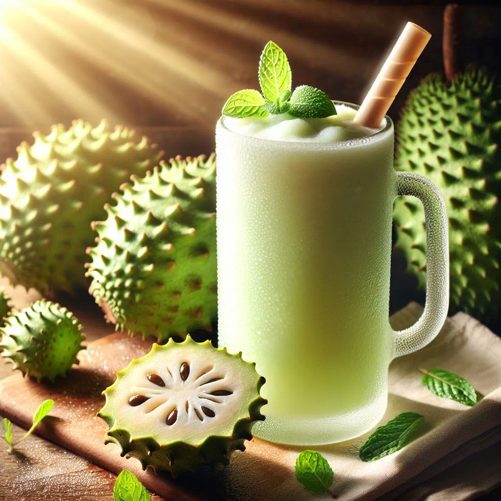 Creamy soursop smoothie in a tall glass with mint and fruit garnish