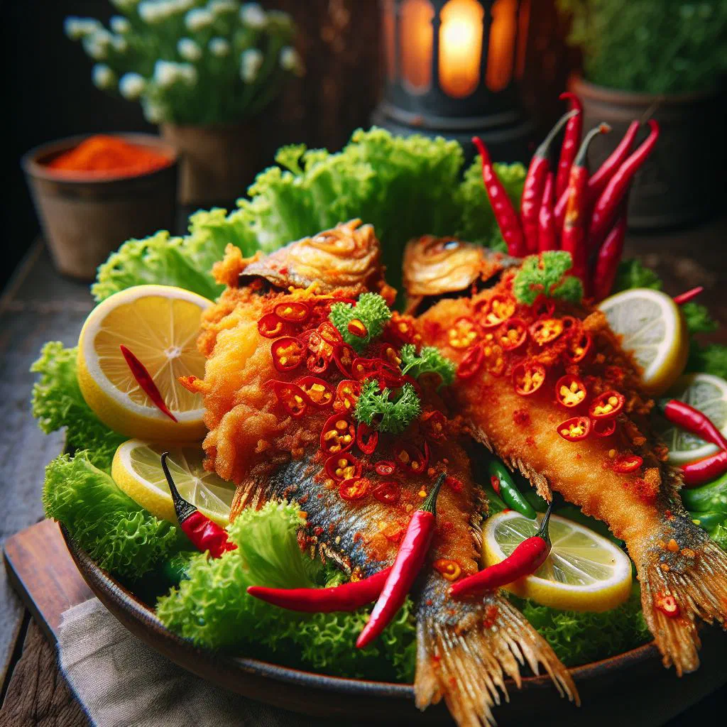Golden crispy fried fish fillets with lime wedges and fresh herbs