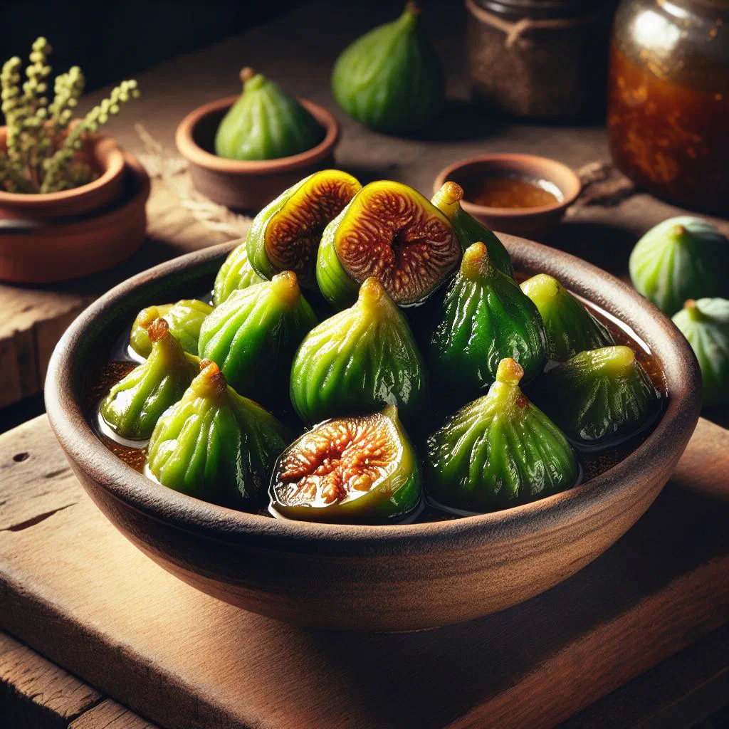 Stewed green figs in a tomato and onion sauce, garnished with fresh herbs