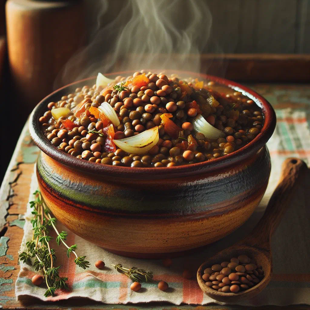 Bowl of Caribbean stewed lentils with carrot, celery and fresh parsley
