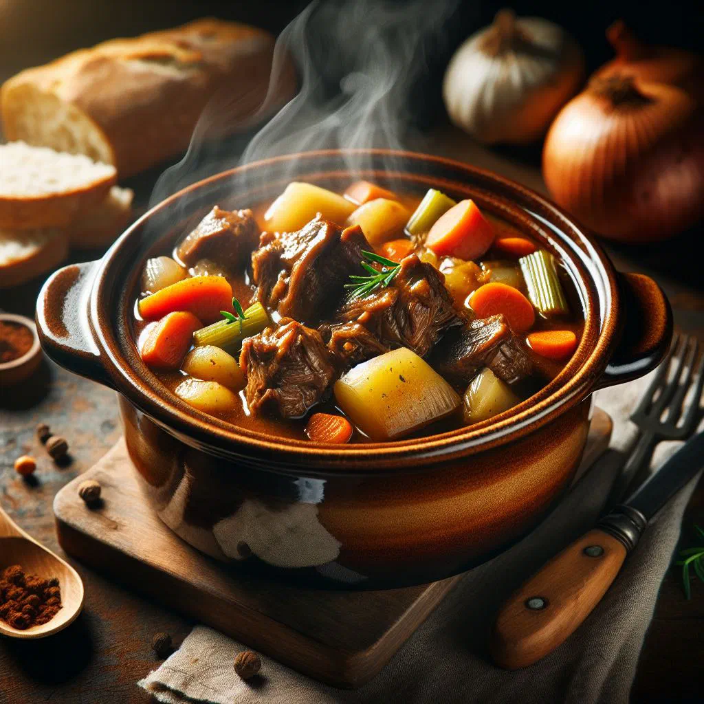 Stewed oxtail in a rich brown sauce with carrots and herbs
