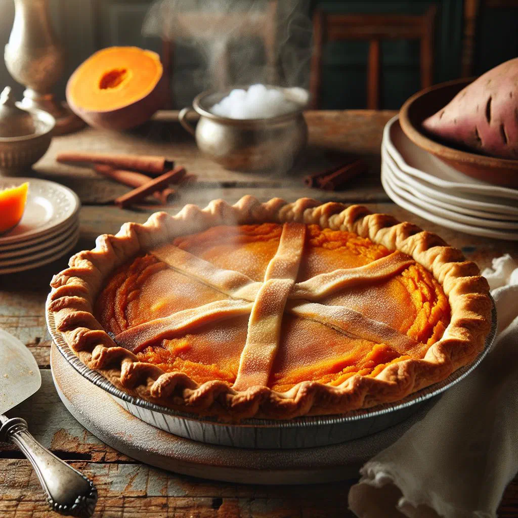 Golden sweet potato pie with a crisp crust, dusted with icing sugar