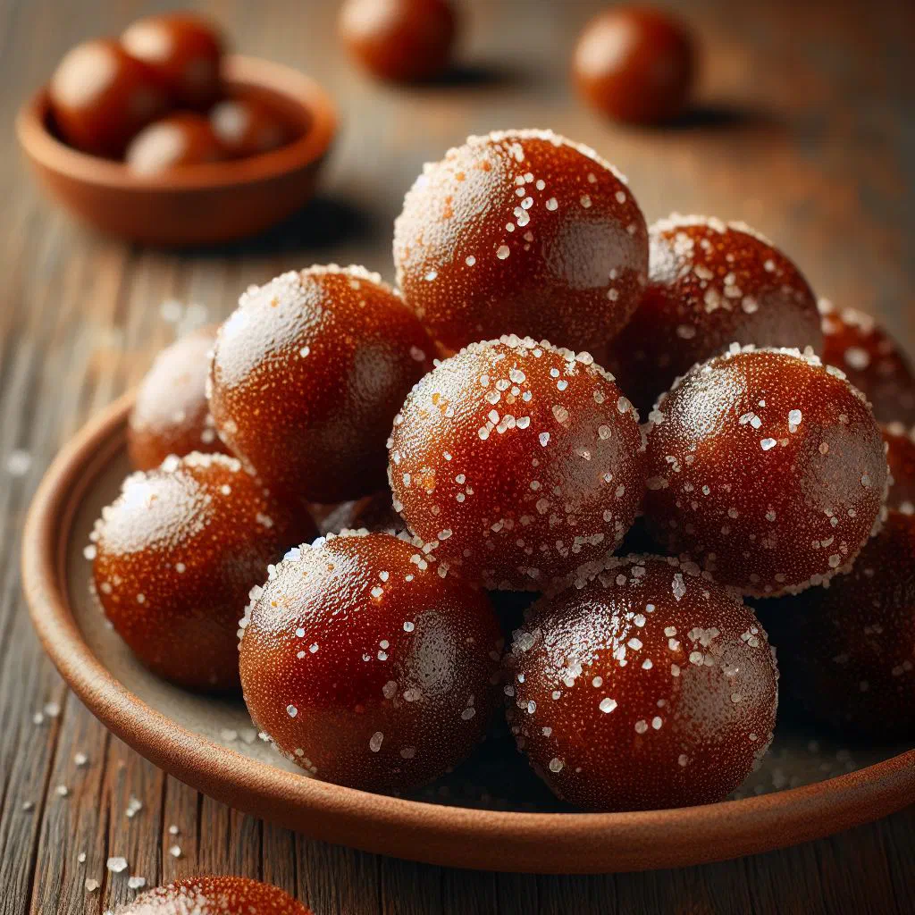 Sugar-coated tamarind balls piled on a plate