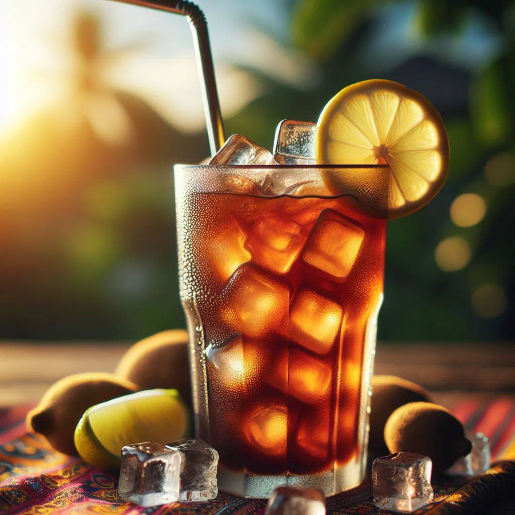 Chilled tamarind drink in a tall glass with ice and a lime wedge