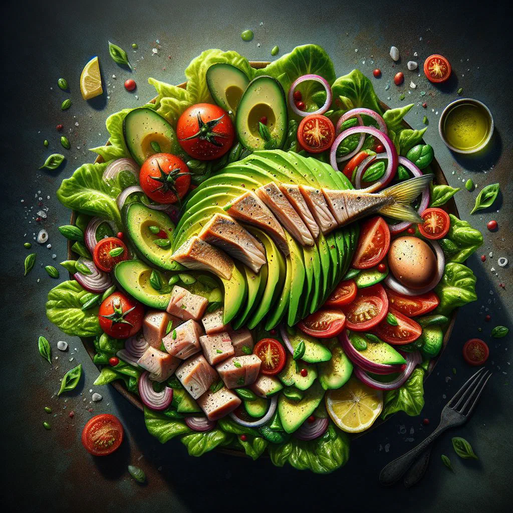Bowl of avocado and saltfish salad with tomato, onion and fresh coriander