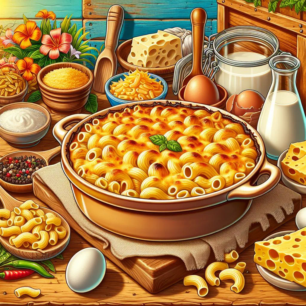 Golden baked macaroni pie with a crisp cheese crust in a dish