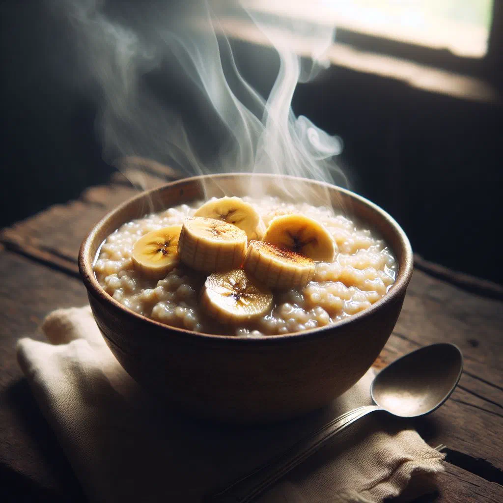 Creamy banana porridge in a bowl topped with cinnamon and coconut