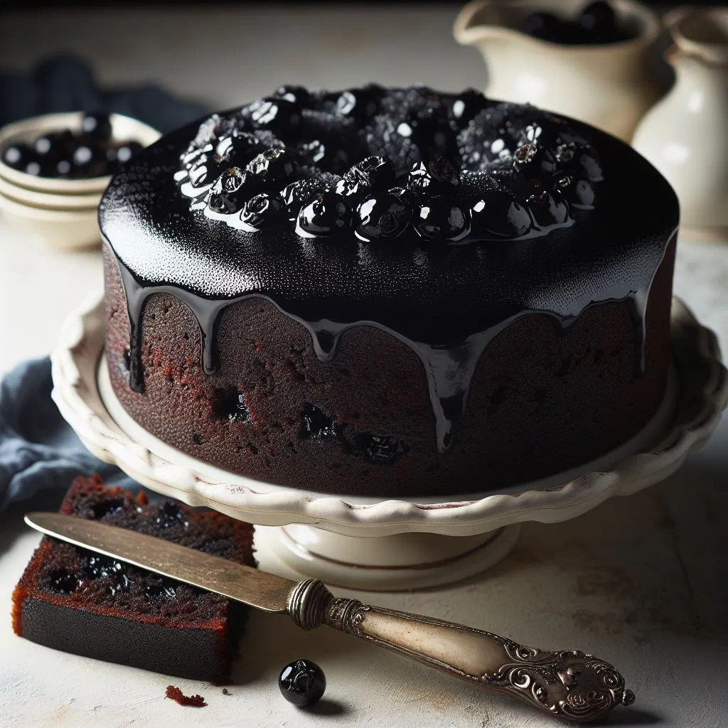 Dark, moist slice of Caribbean black cake studded with rum-soaked dried fruit