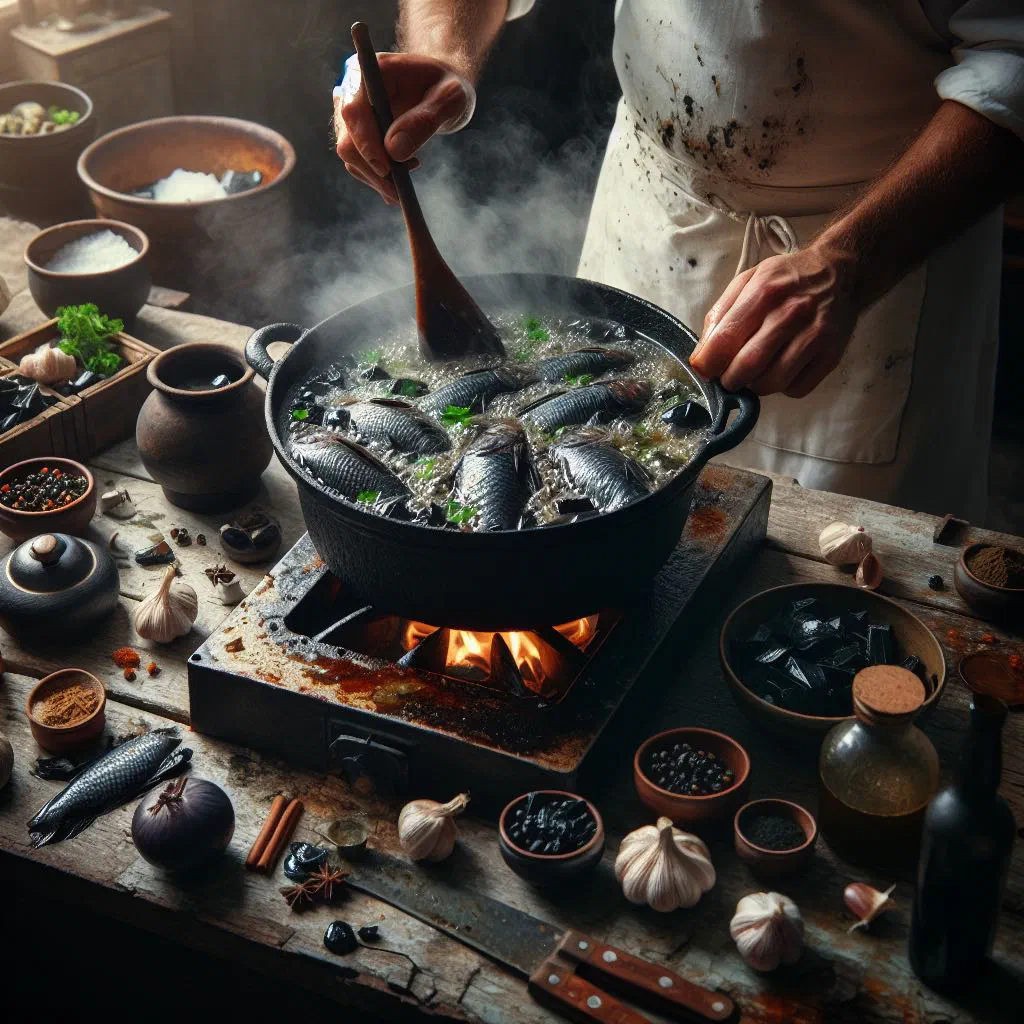Caribbean black fish stew with tomatoes and peppers in a deep bowl
