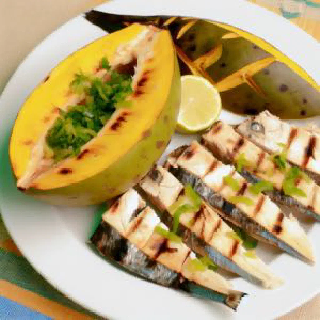 Grilled jackfish fillets served with boiled breadfruit and lime wedges