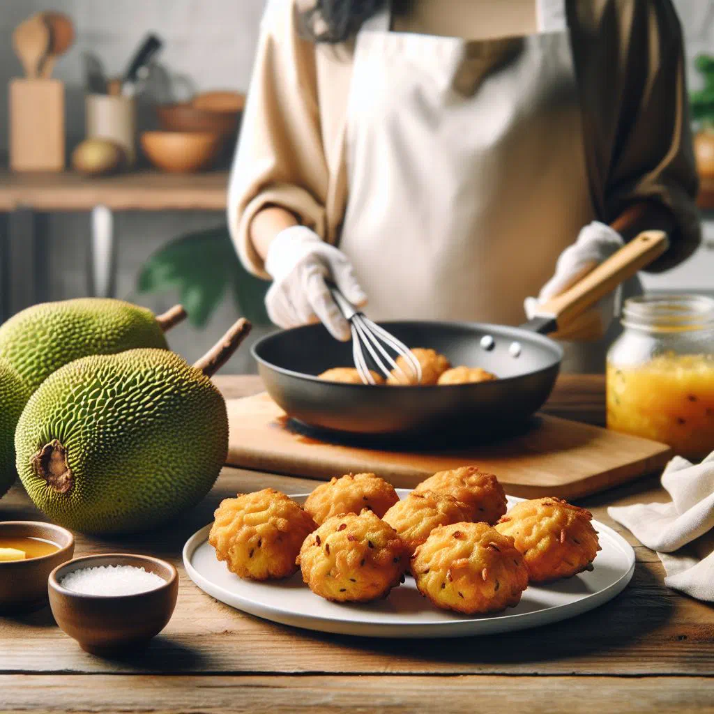 Golden breadfruit fritters piled on a plate with fresh herbs