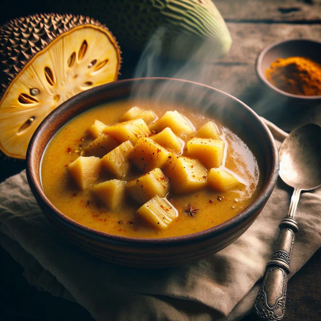 Creamy breadfruit soup in a bowl garnished with fresh herbs
