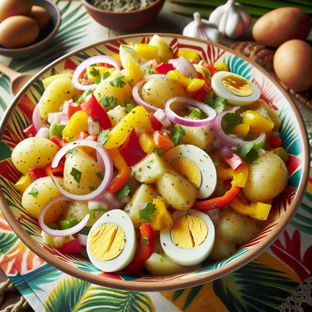 Caribbean potato salad with red onion, peppers and fresh parsley in a bowl