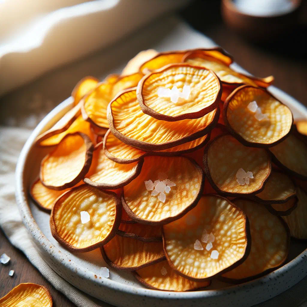 Golden crispy cassava chips piled in a bowl with a dip