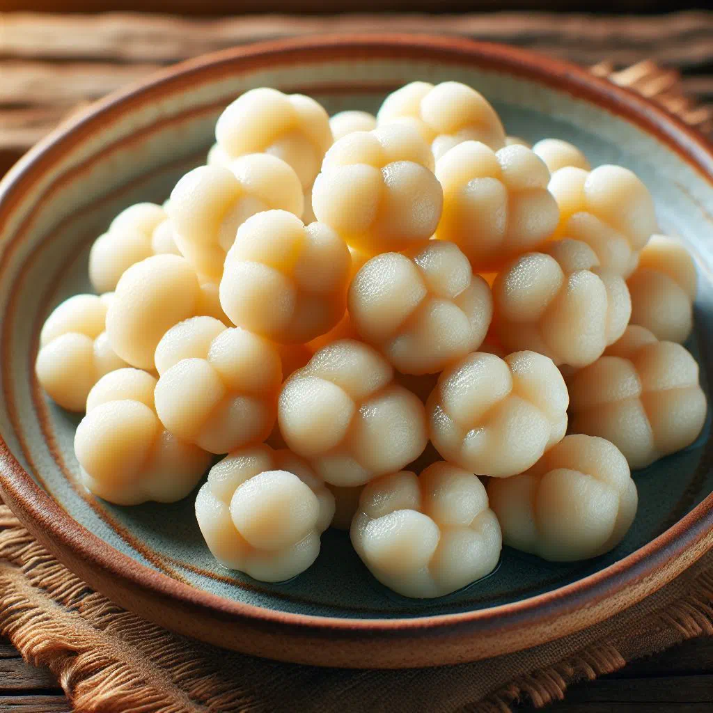 Boiled cassava dumplings on a plate with fresh herbs