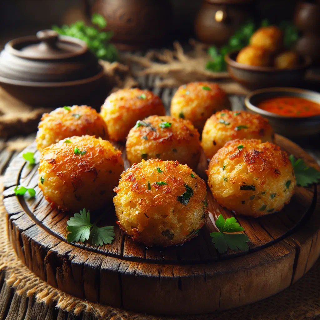 Golden fried cassava fish cakes on a plate with fresh herbs