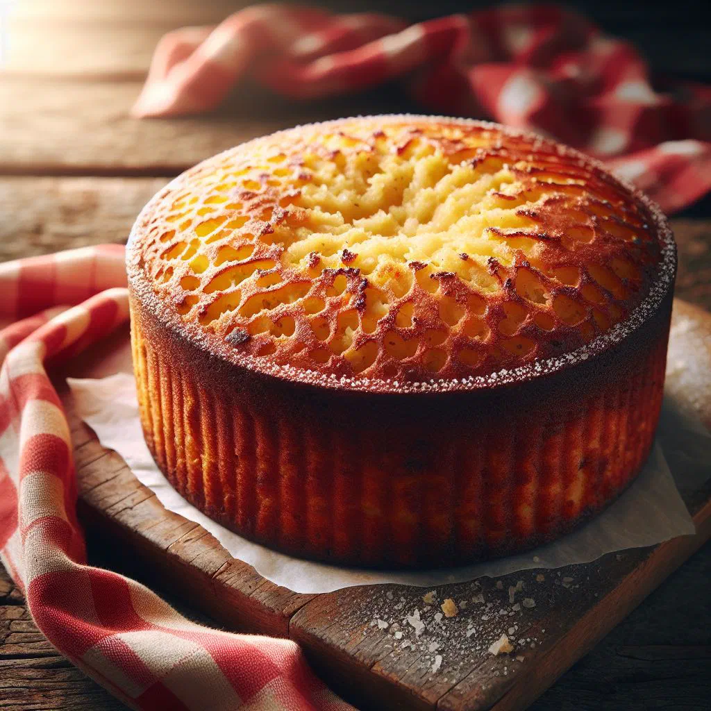 Golden squares of baked cassava pone on a plate