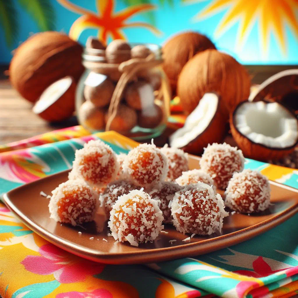 Golden baked coconut drops piled on a wooden board