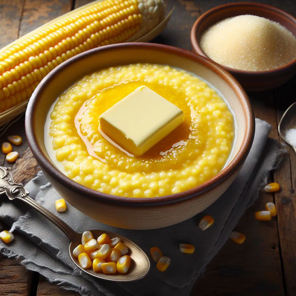Creamy cornmeal porridge in a bowl dusted with cinnamon and nutmeg