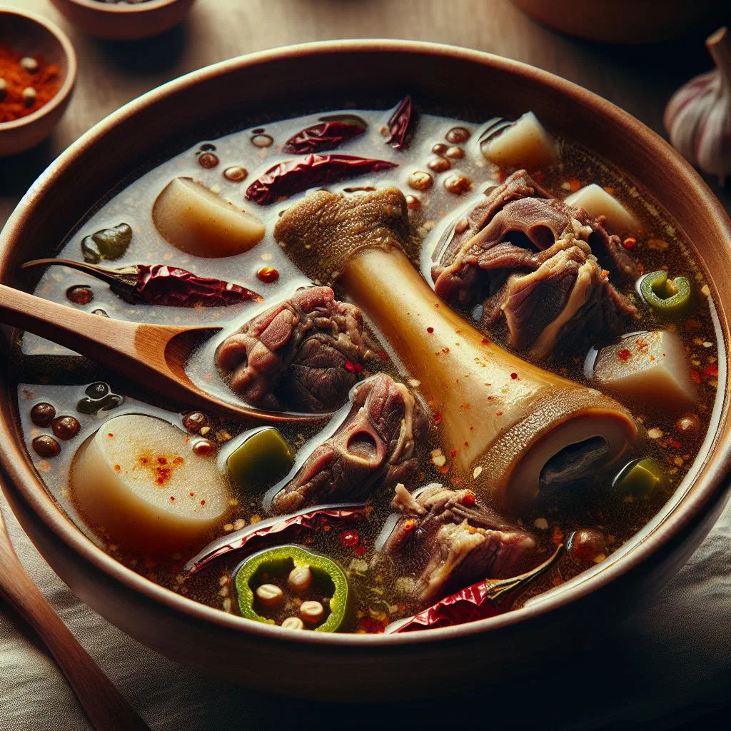 Bowl of Vincentian cow heel soup with carrots, potato and fresh herbs