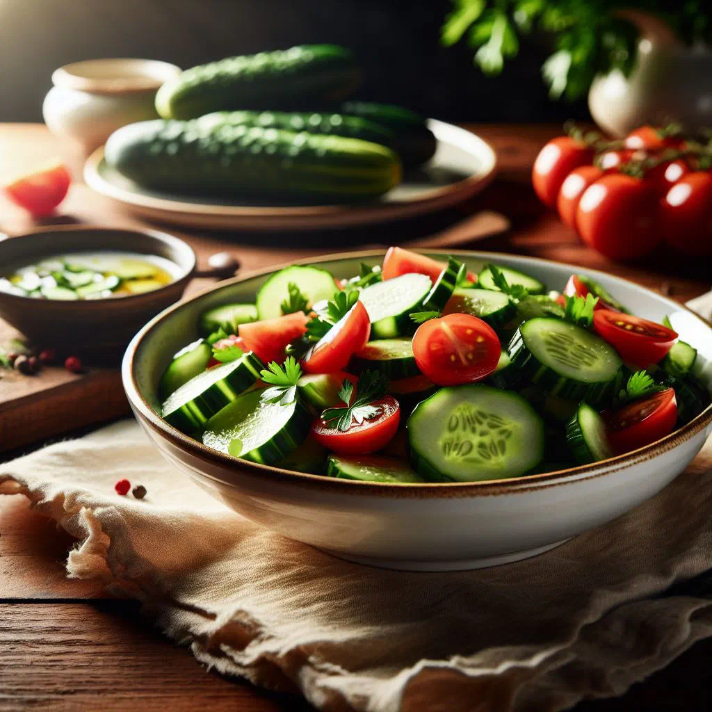 Fresh cucumber salad with tomato, onion and herbs in a bowl