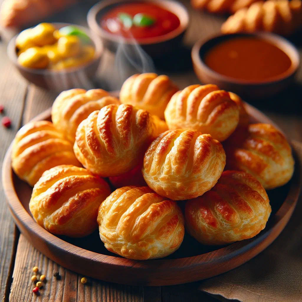Golden fried dasheen puffs on a plate with fresh herbs
