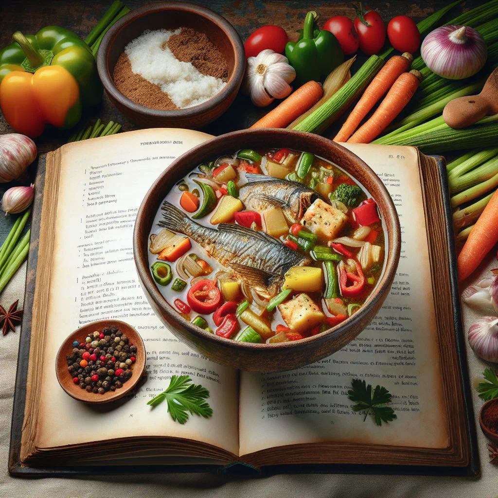 Bowl of Vincentian fish broth with chunks of fish, peppers and fresh herbs