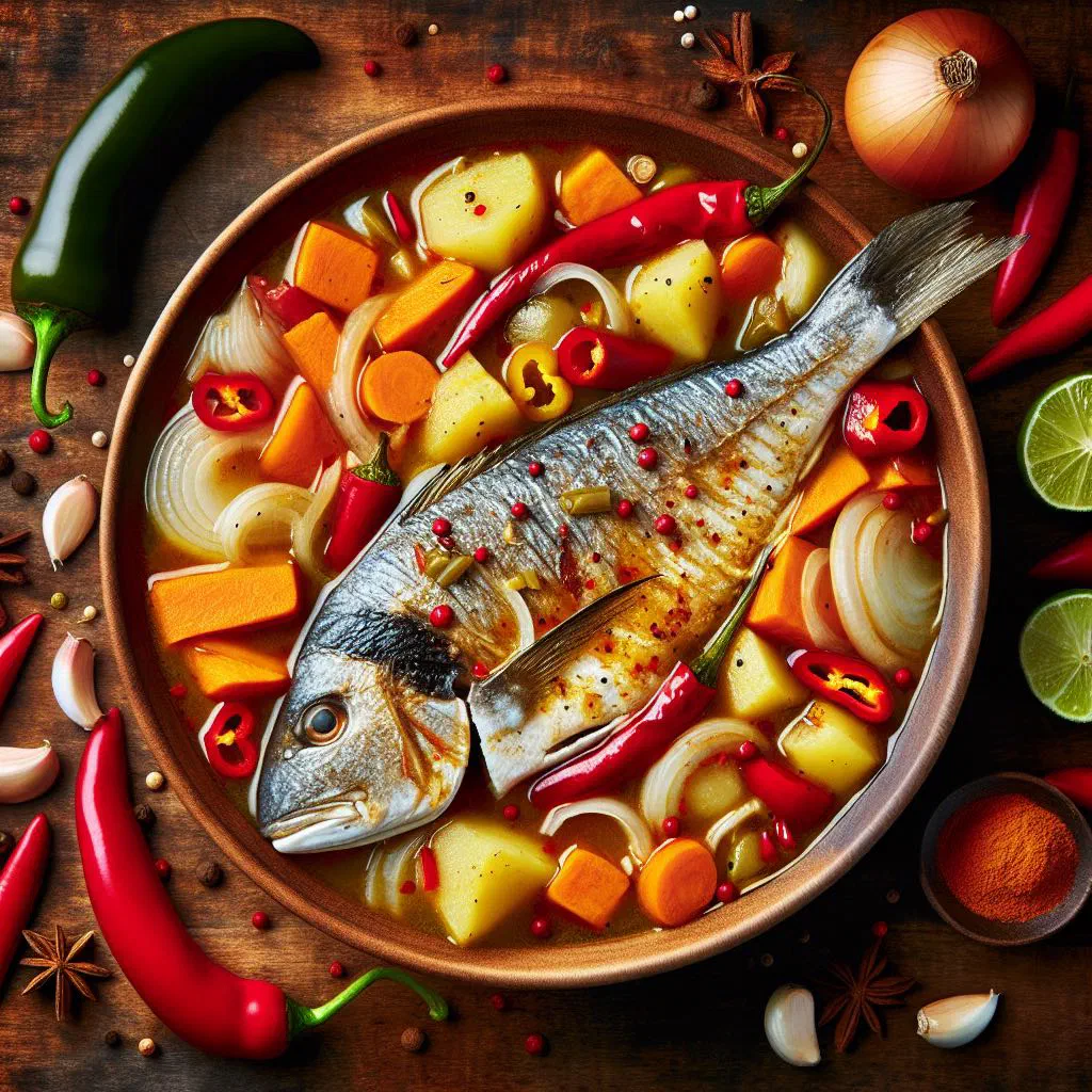 Chilled fish souse with sliced onions, lime and fresh coriander in a shallow bowl