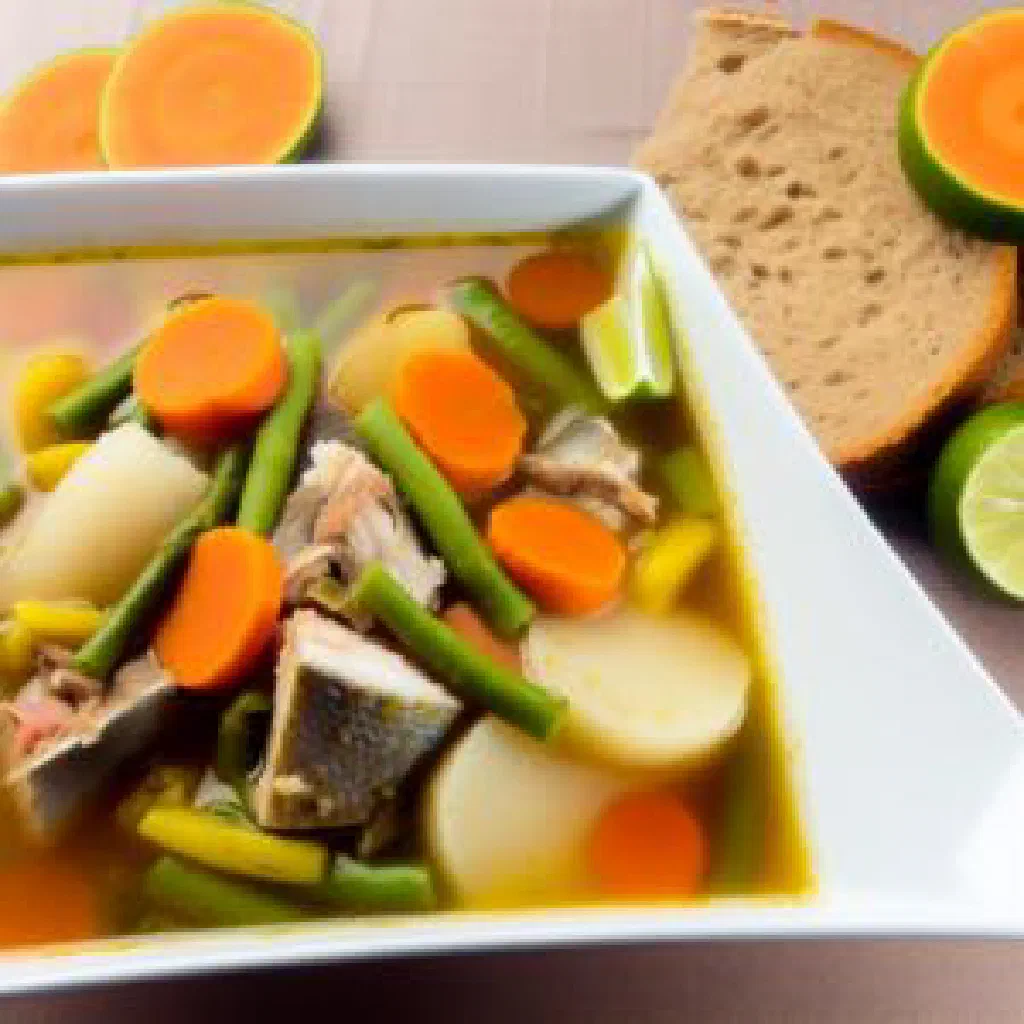 Bowl of Caribbean fish water soup with peppers, herbs and lime