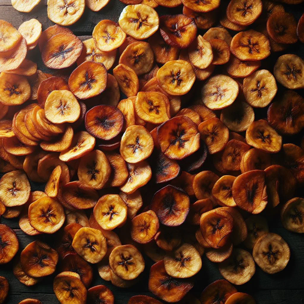Golden fried plantain chips piled in a bowl with a sprinkle of sea salt