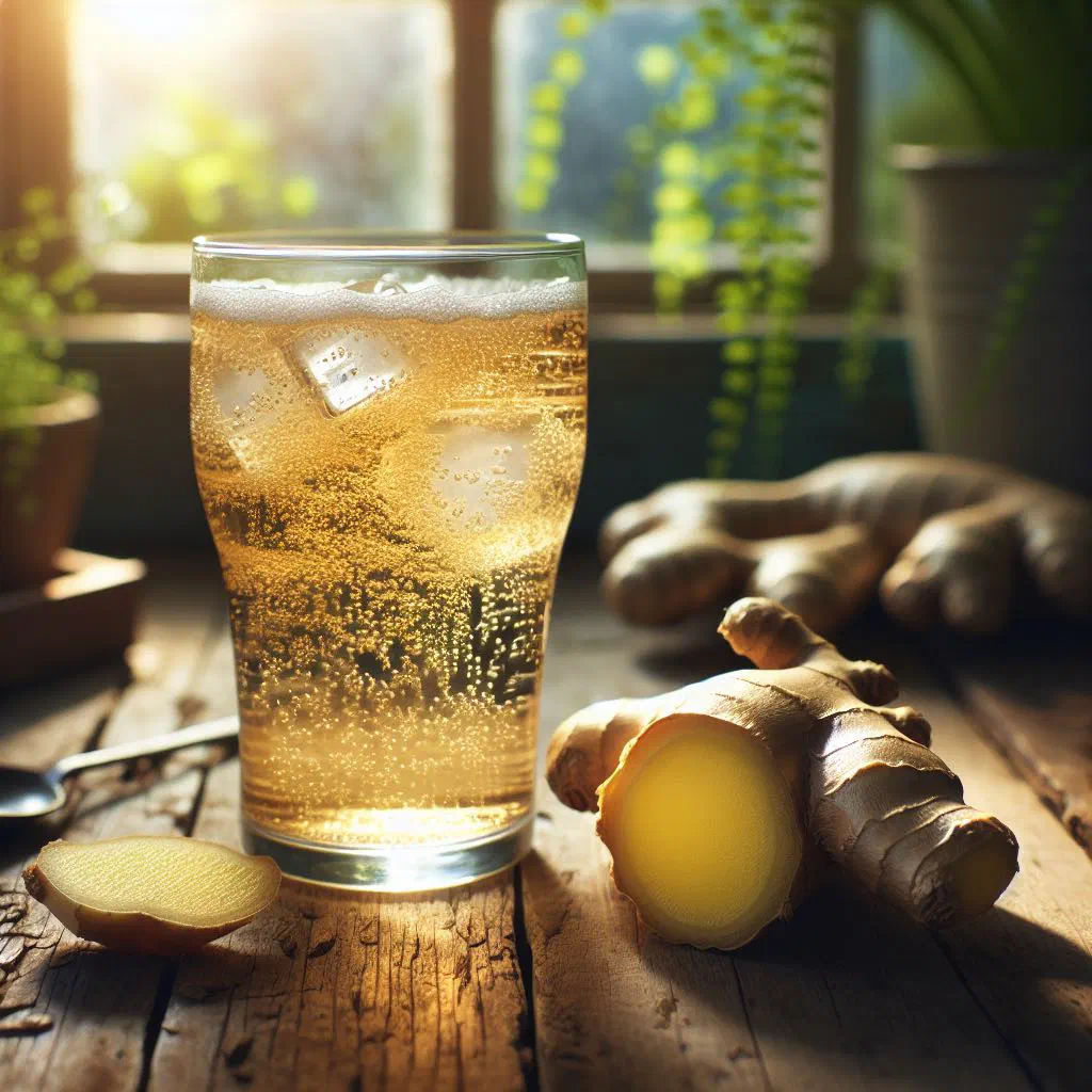 Chilled glass of homemade ginger beer with lime and ice