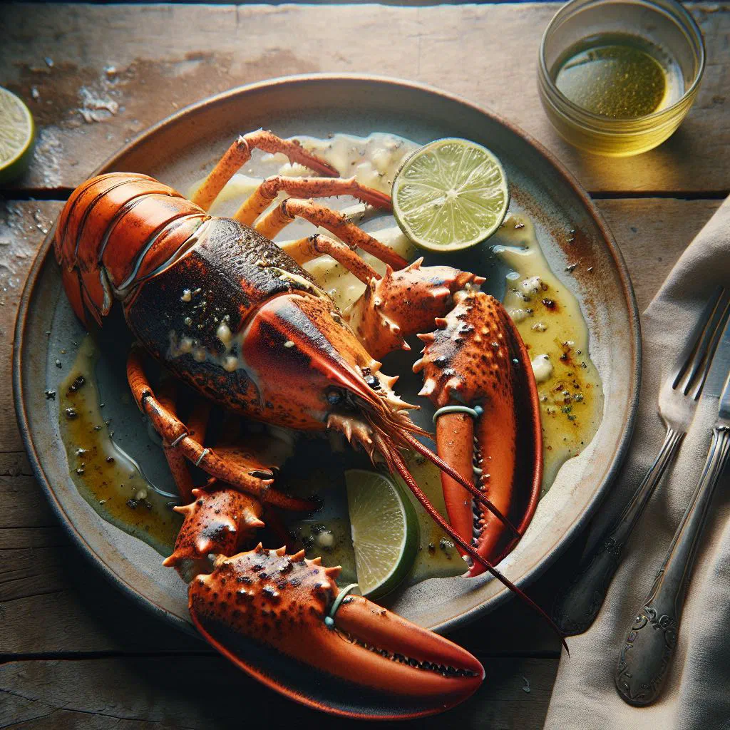Grilled lobster halves brushed with lime butter and garnished with fresh herbs