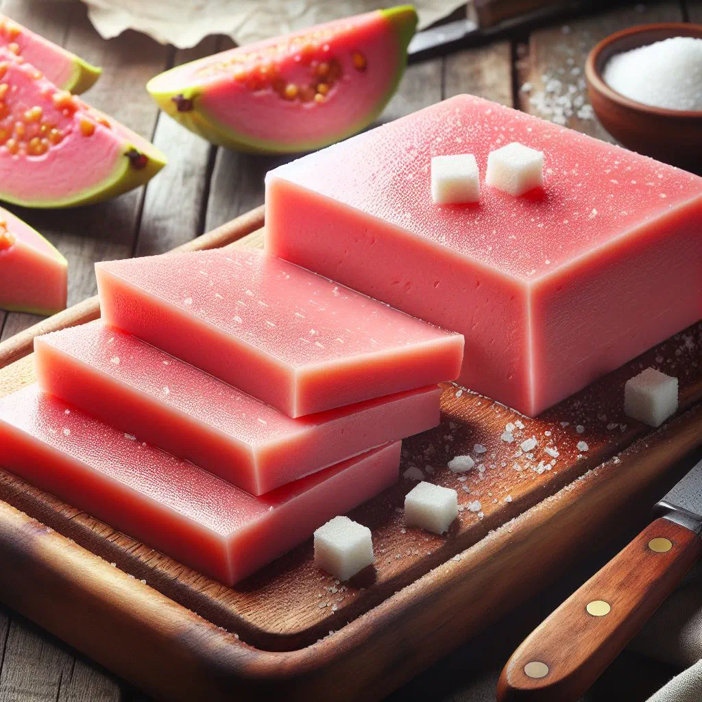 Squares of dark pink guava cheese cut into pieces on a plate